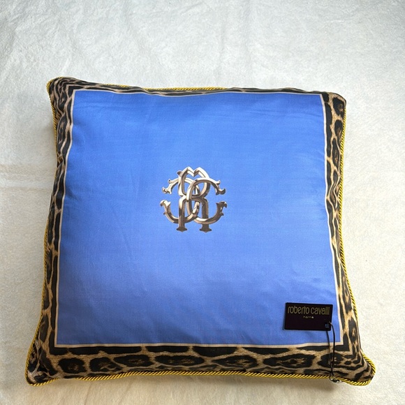 ROBERTO CAVALLI NWT NEW TAG XLARGE BLUE GOLD BLACK LEOPARD ACCENT THROW PILLOW - Picture 2 of 15